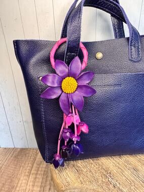 Leather Purse Charm Purple Flower Charm Genuine Leather Bag Charm NEW!